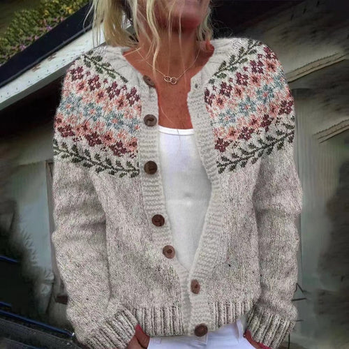 Abigail Women's Cardigan with Buttons and a Nordic Knit Pattern and a Floral Print, photo 1