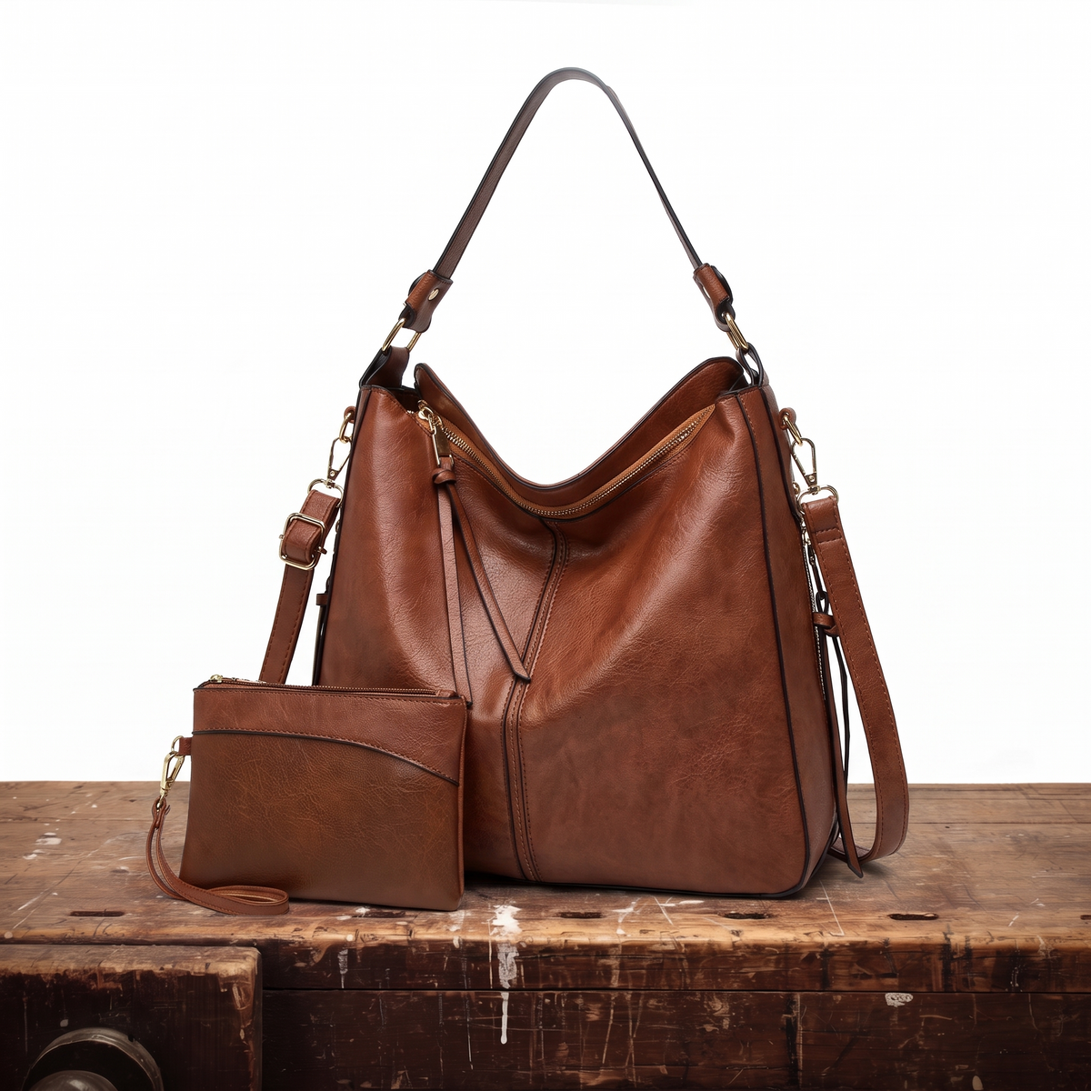 Adeline Leather Hobo Bag with Matching Pouch, photo 1