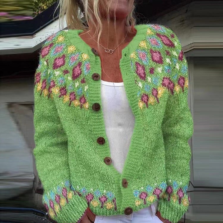 Anastasia Women's Cardigan with Buttons and a Nordic Knit Pattern and a Floral Print, photo 1