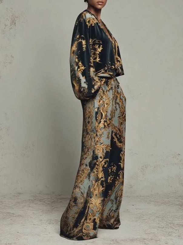 Baroque Floral Print Top and Wide Leg Trouser Set photo 3