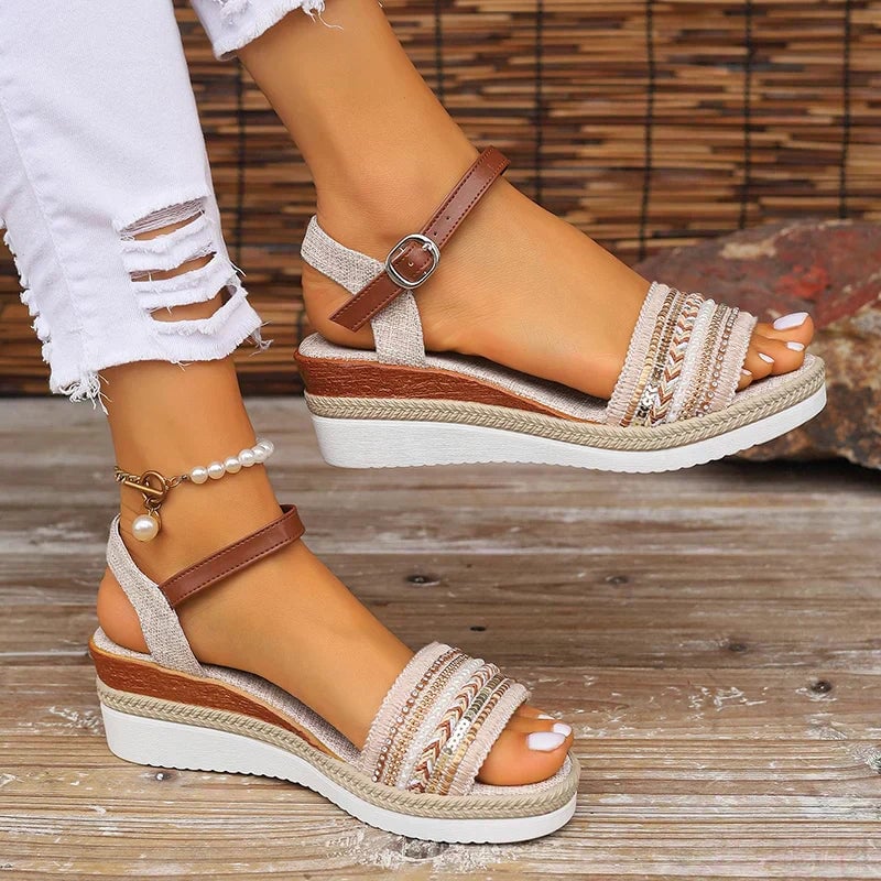 Beryl Women's Sandals with a Buckle and a Wedge Heel and Adjustable Straps, photo 1