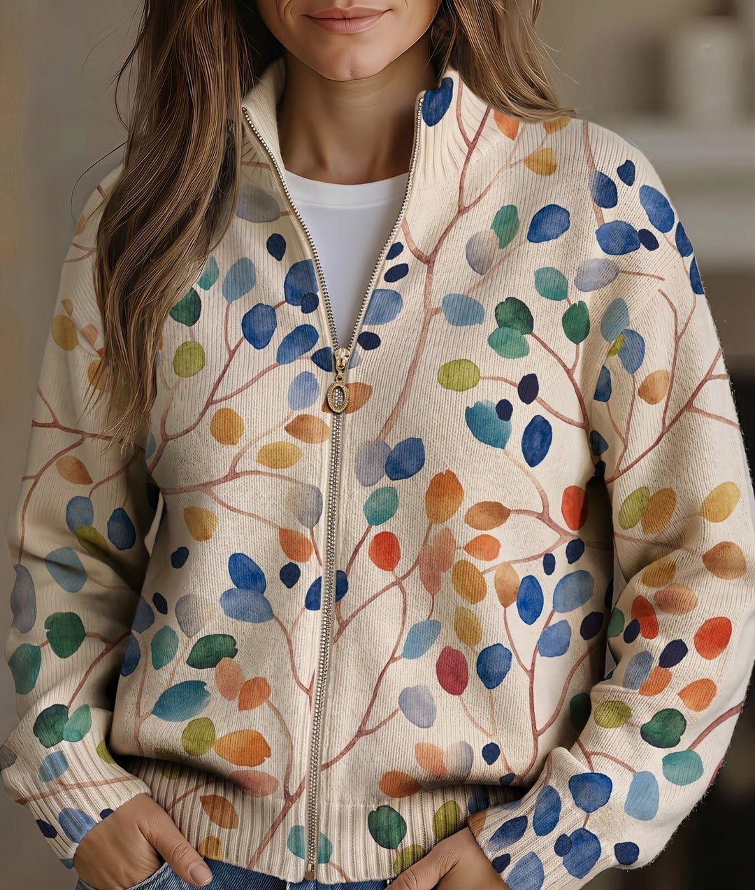 Bethany Women's Cardigan in Ribbed Knit with a Zip and an All-over Print, photo 1
