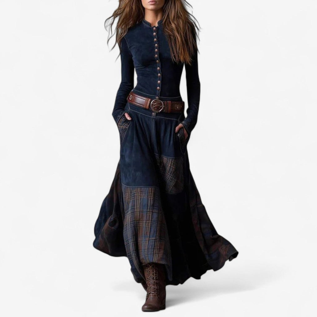 Bettina Women's Long Tartan Patchwork Dress with Buttons, photo 1