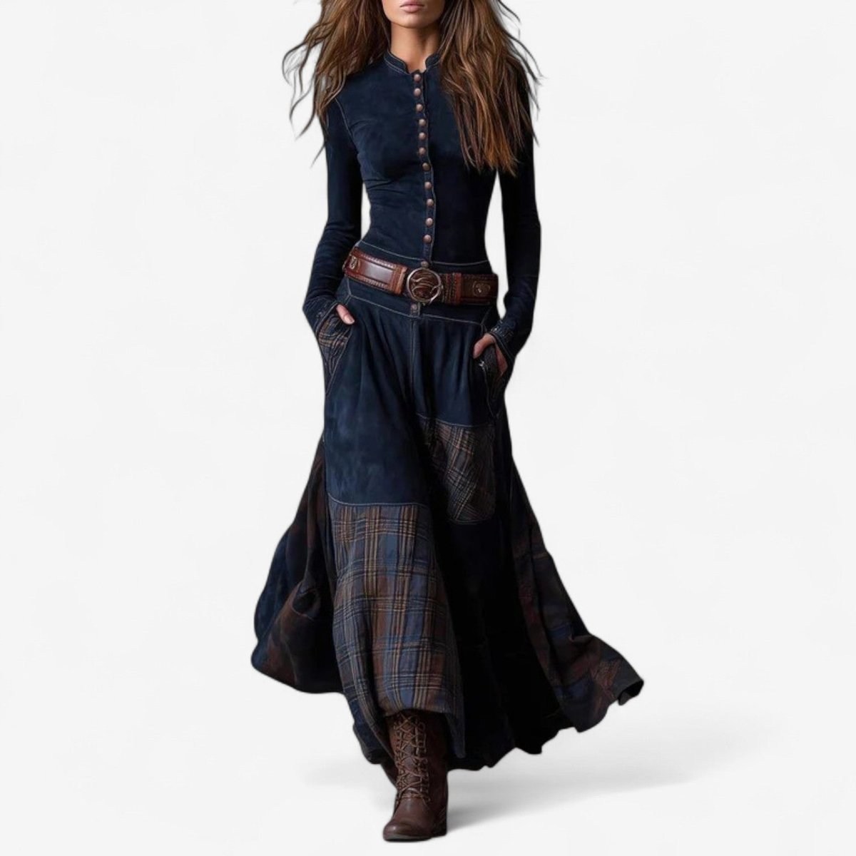 Bettina Women's Long Tartan Patchwork Dress with Buttons, photo 1