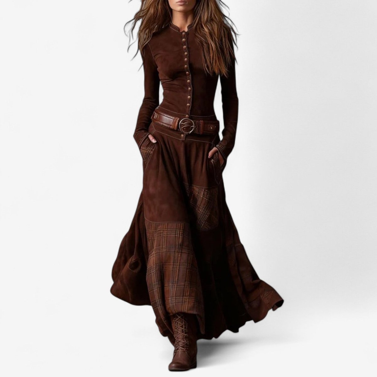 Bettina Women's Long Tartan Patchwork Dress with Buttons, photo 5