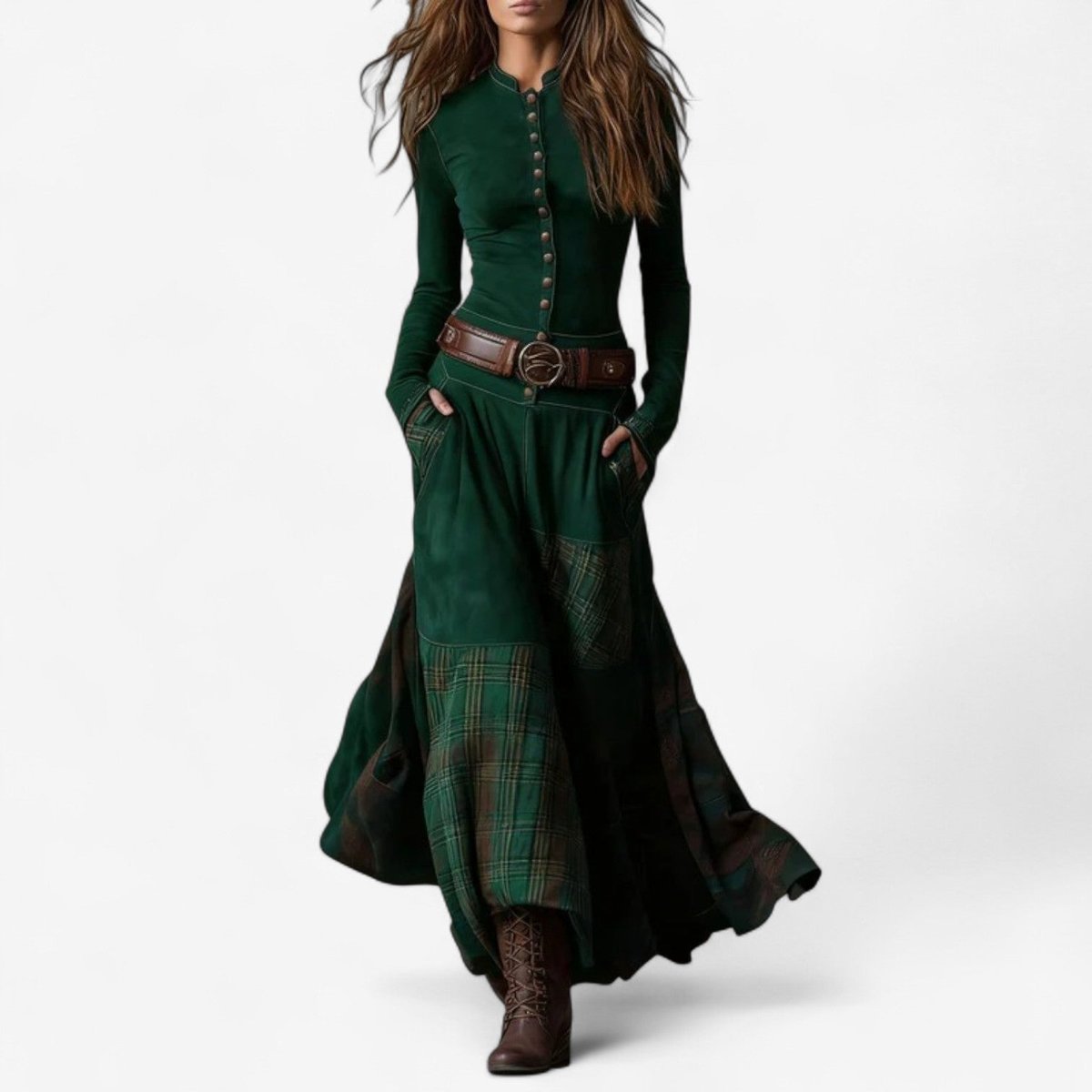 Bettina Women's Long Tartan Patchwork Dress with Buttons, photo 8