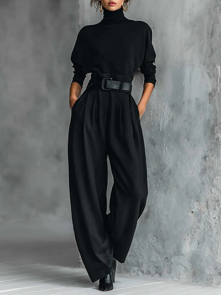 Black Turtleneck Top and Straight Pant Set with Belt