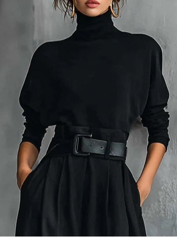 Black Turtleneck Top and Straight Pant Set with Belt photo 3