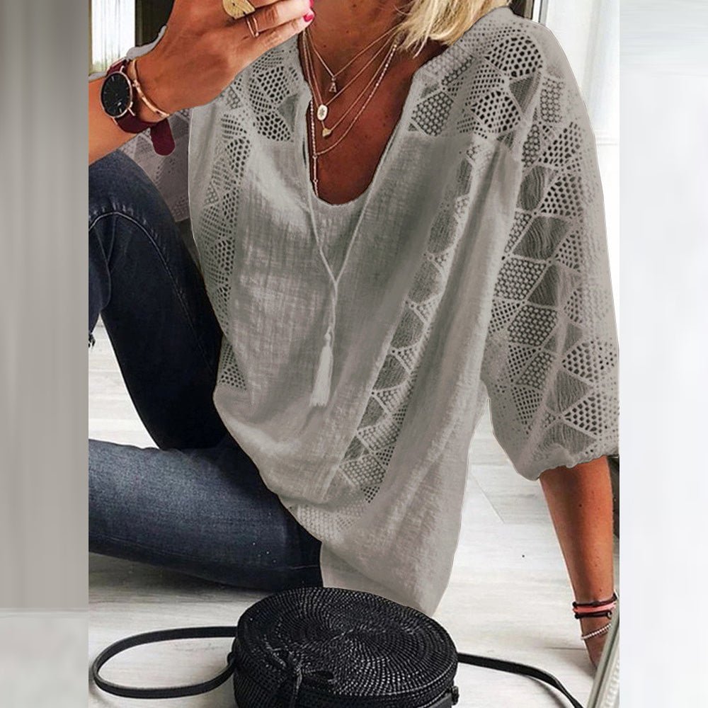 Cheryl Women's Blouse with a V-neck with Three-quarter Sleeves and Lace, photo 3