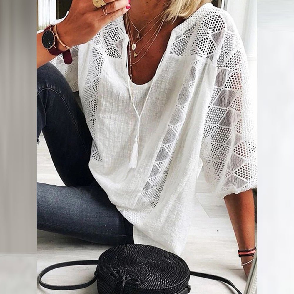 Cheryl Women's Blouse with a V-neck with Three-quarter Sleeves and Lace, photo 4