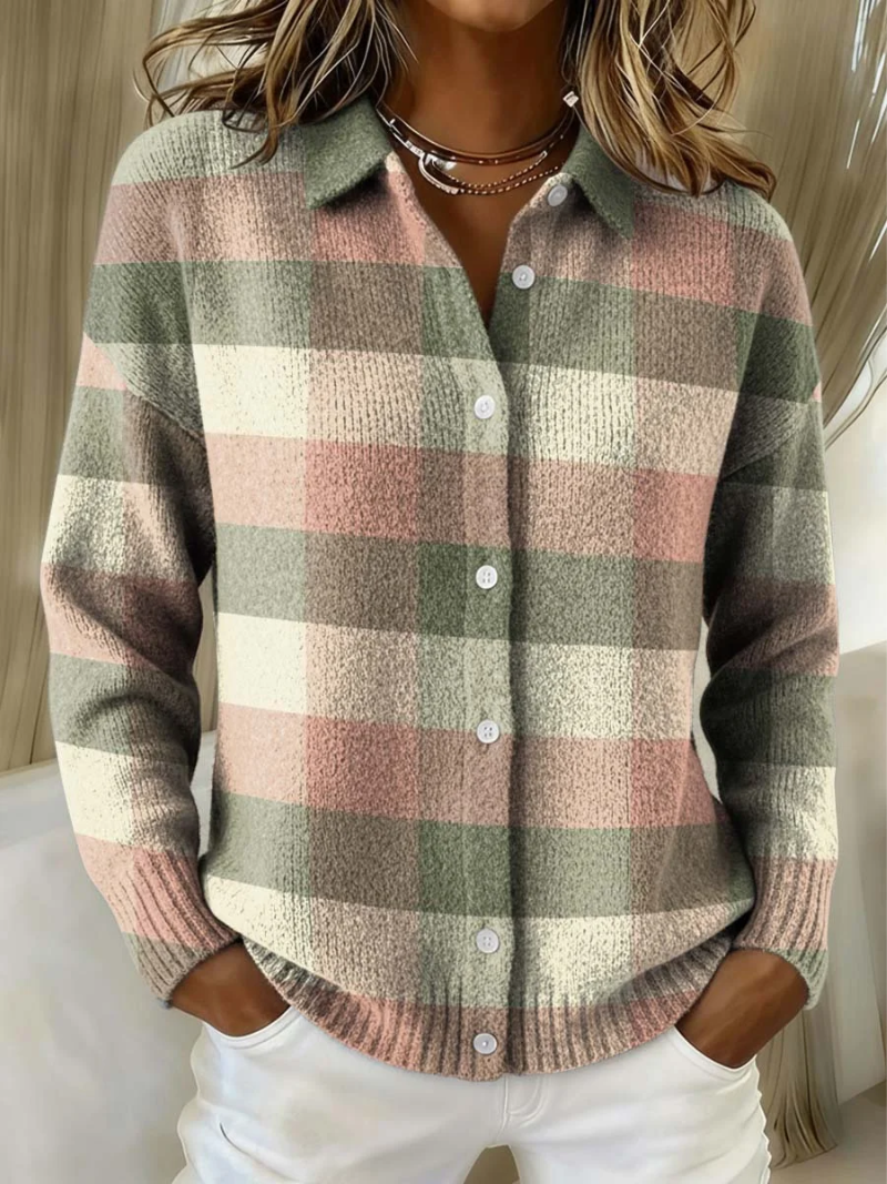 Emily Women's Cardigan in Knit with Buttons and a Check Pattern, photo 1