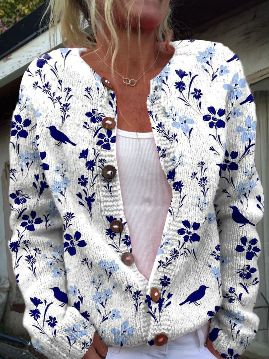 Eva Women's Cardigan with Buttons with Long Sleeves and a Floral Print, photo 1