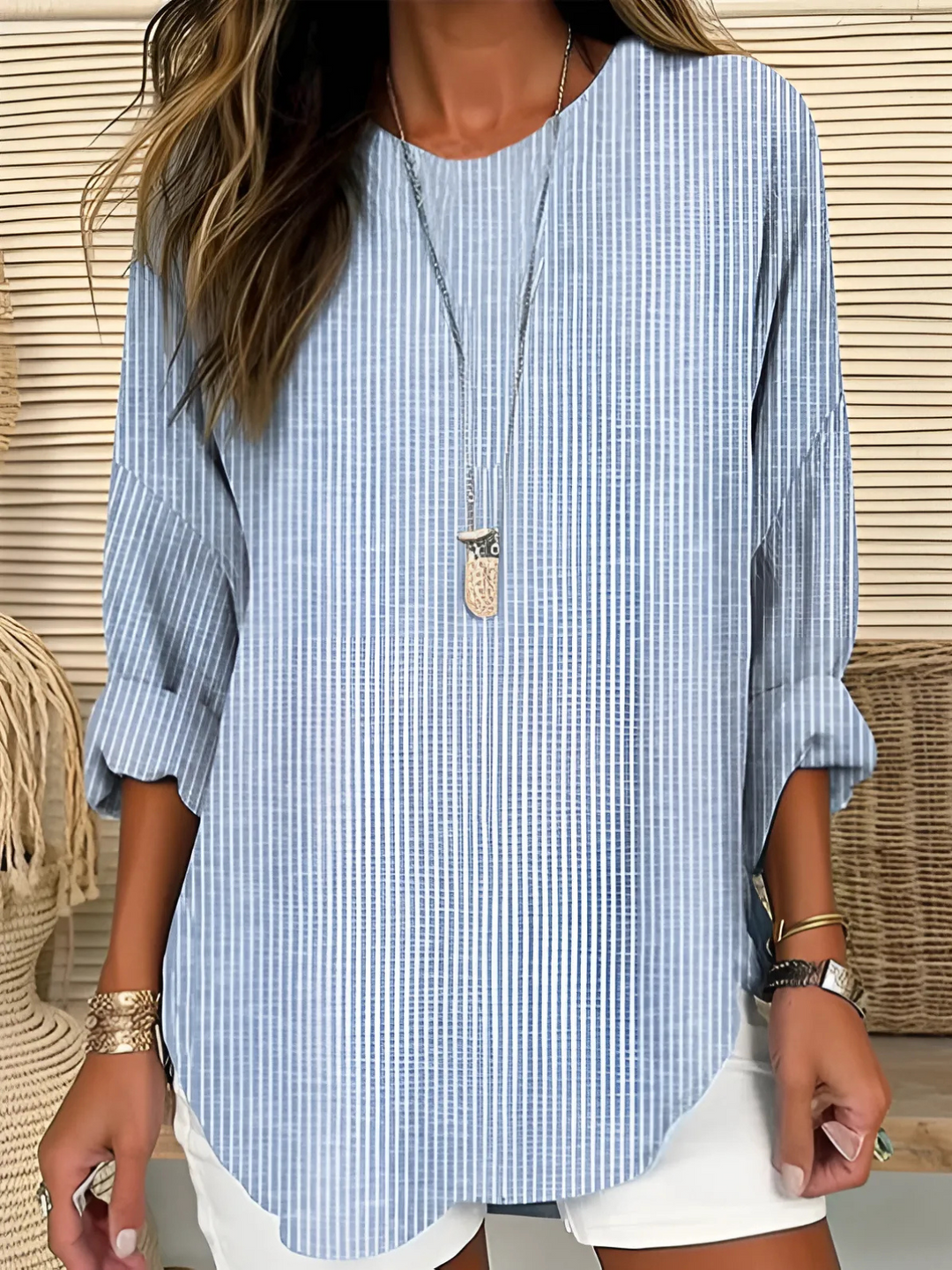 Fallon Women's Blouse with a Round Neck and Stripes, photo 1