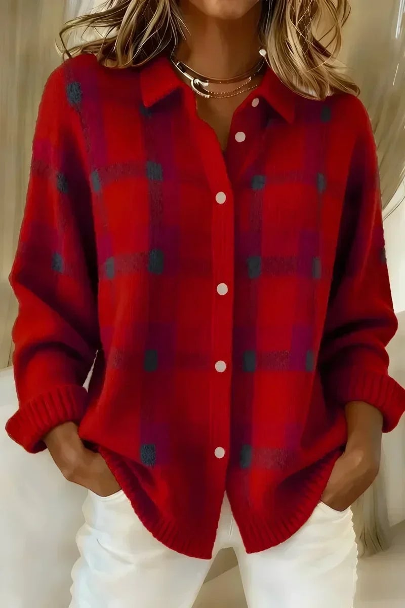 Florence Women's Cardigan with Buttons and a Check Pattern in Red, photo 1