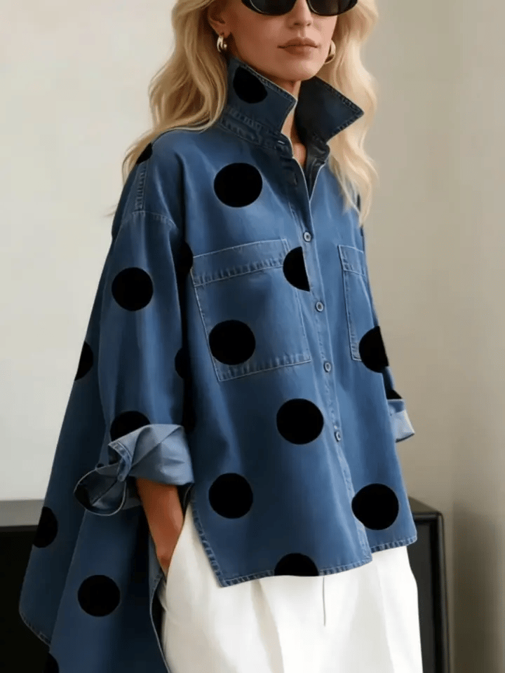 Honora Women's Cotton Denim Top with Polka Dots, photo 2