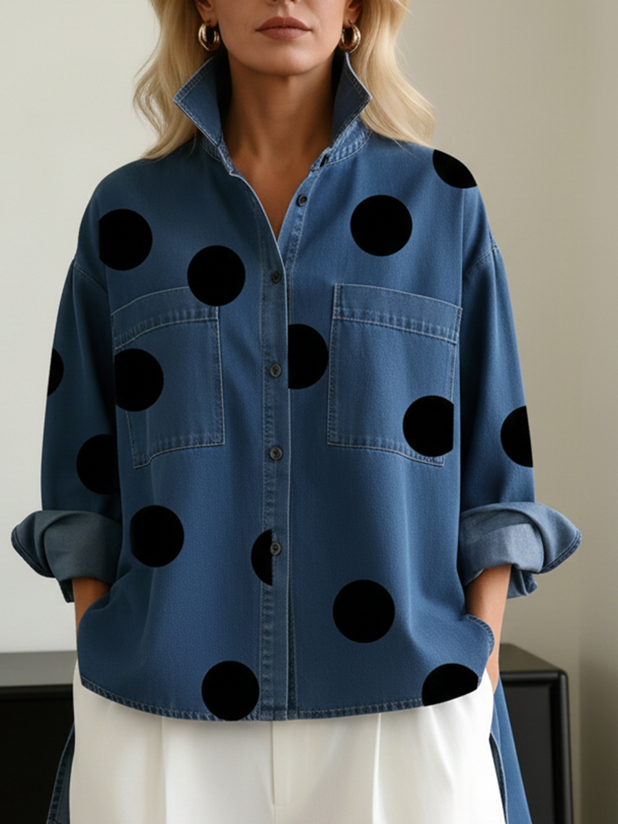Honora Women's Cotton Denim Top with Polka Dots, photo 3