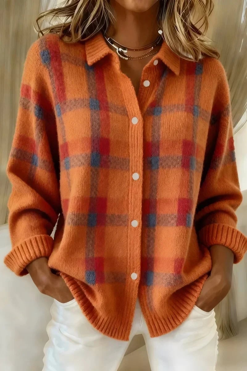 Kenna Women's Cardigan in Knit with Buttons and a Check Pattern in Orange, photo 1