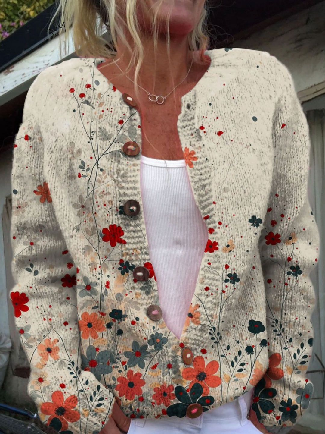 Maren Women's Cardigan in Knit with a Round Neck and a Floral Print, photo 1