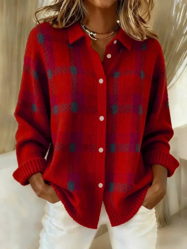 Maureen Women's Sweater in Knit with a Classic Collar and a Check Pattern, photo 2