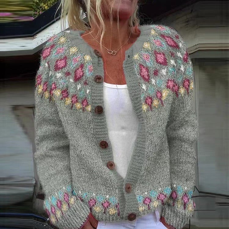 Melanie Women's Cardigan with Buttons and a Nordic Knit Pattern and a Floral Print, photo 1