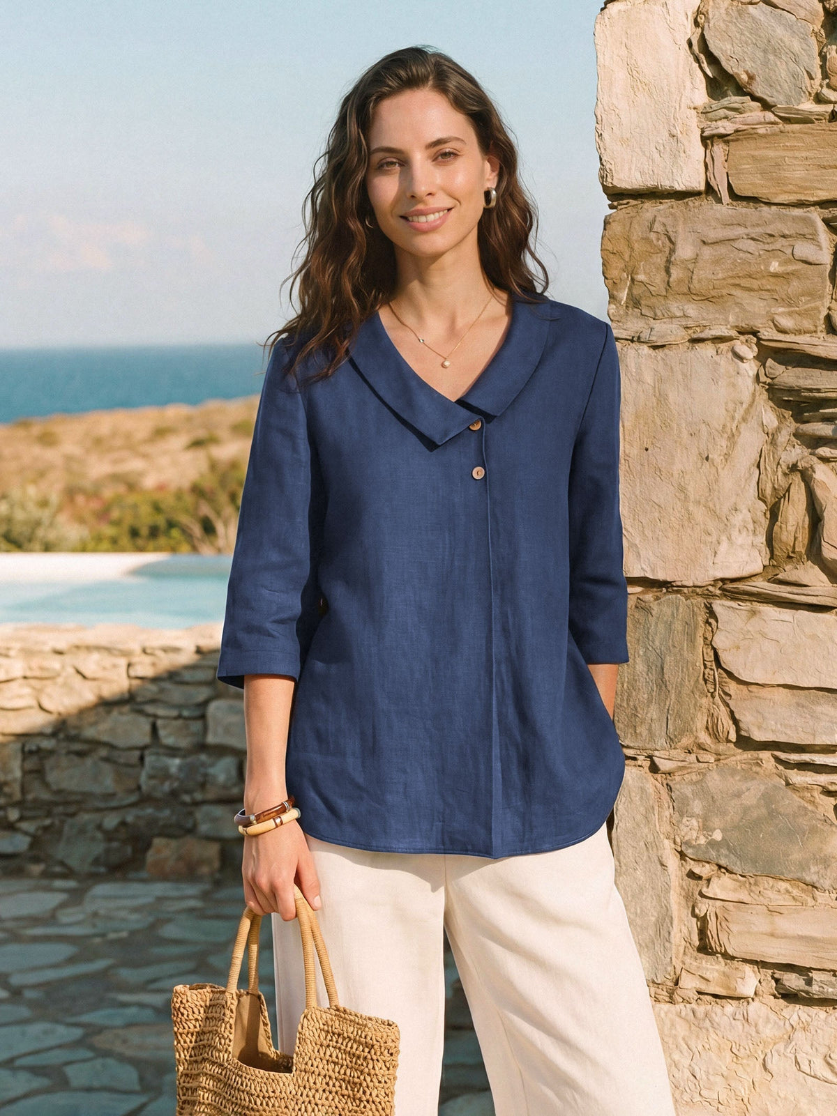Ottilie | Linen Top with Asymmetric Collar and Inverted Pleat