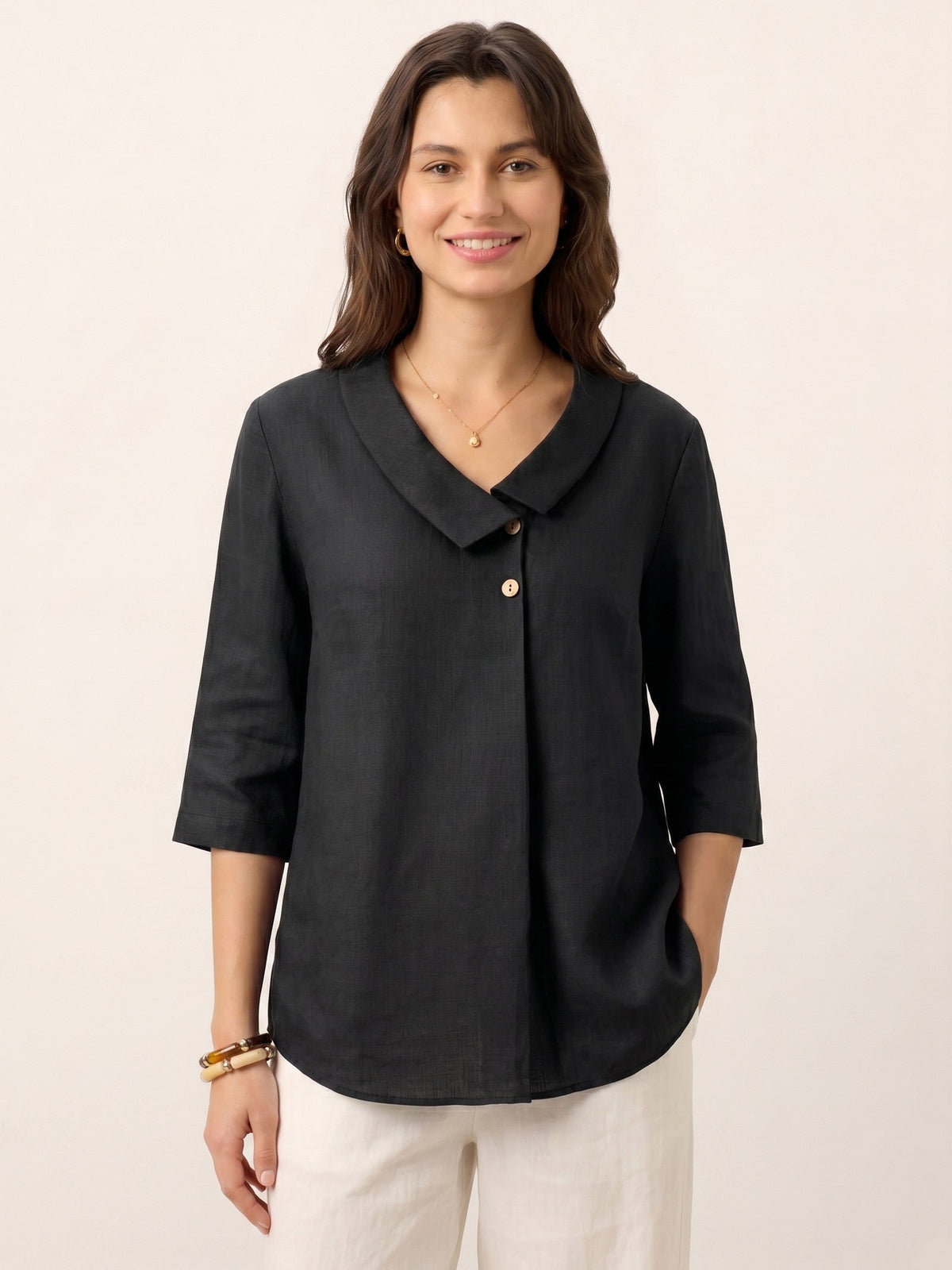 Ottilie | Linen Top with Asymmetric Collar and Inverted Pleat photo 25