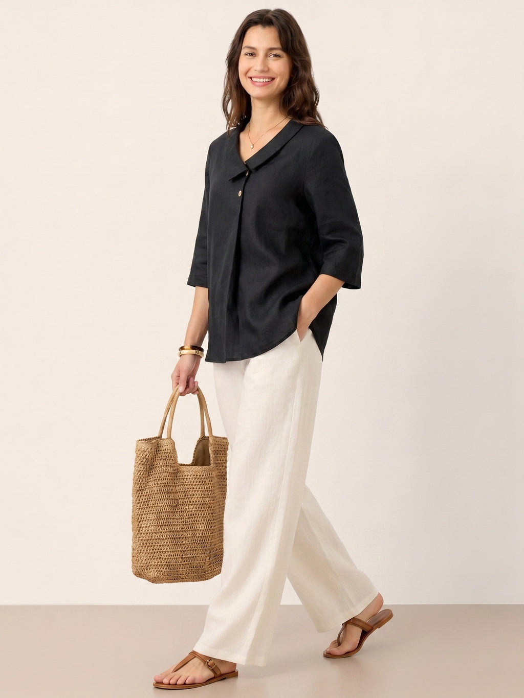Ottilie | Linen Top with Asymmetric Collar and Inverted Pleat photo 30