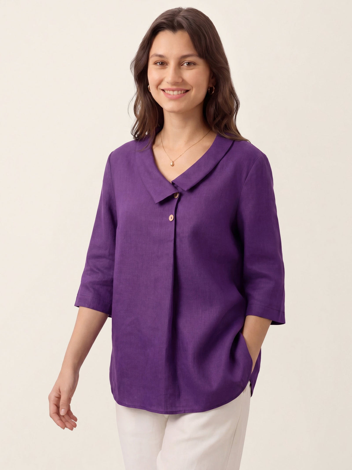 Ottilie | Linen Top with Asymmetric Collar and Inverted Pleat photo 32