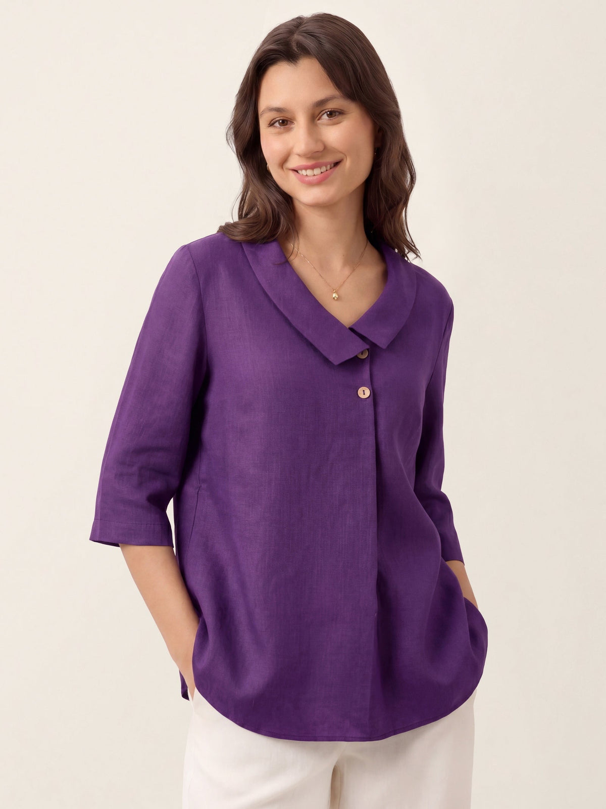 Ottilie | Linen Top with Asymmetric Collar and Inverted Pleat photo 38