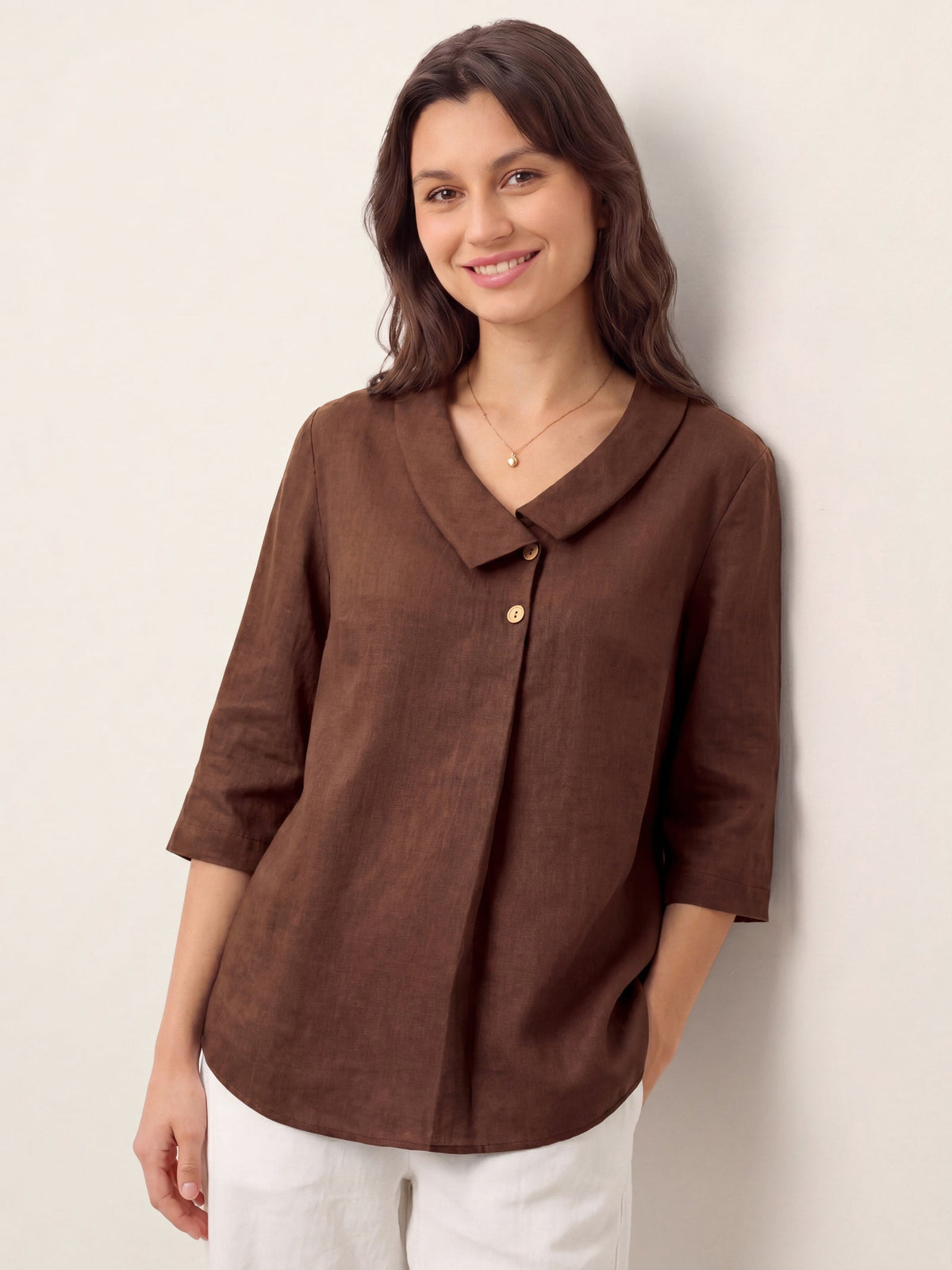 Ottilie | Linen Top with Asymmetric Collar and Inverted Pleat photo 41