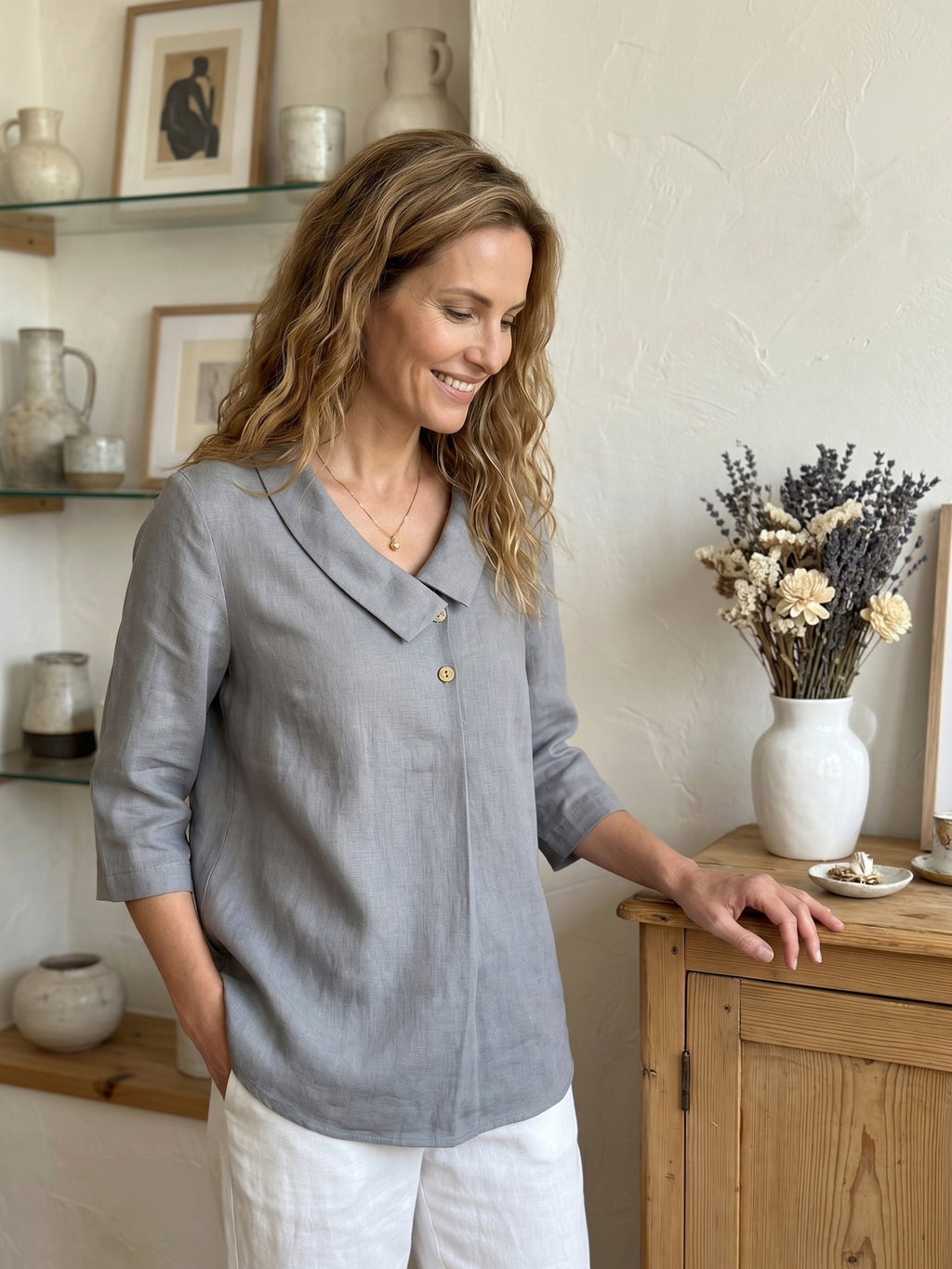 Ottilie | Linen Top with Asymmetric Collar and Inverted Pleat photo 49
