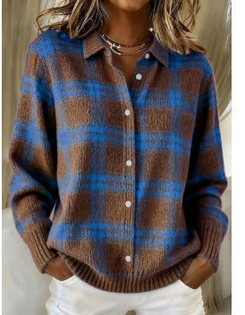Rhoda Women's Cardigan with Buttons and a Check Pattern in Brown, photo 1
