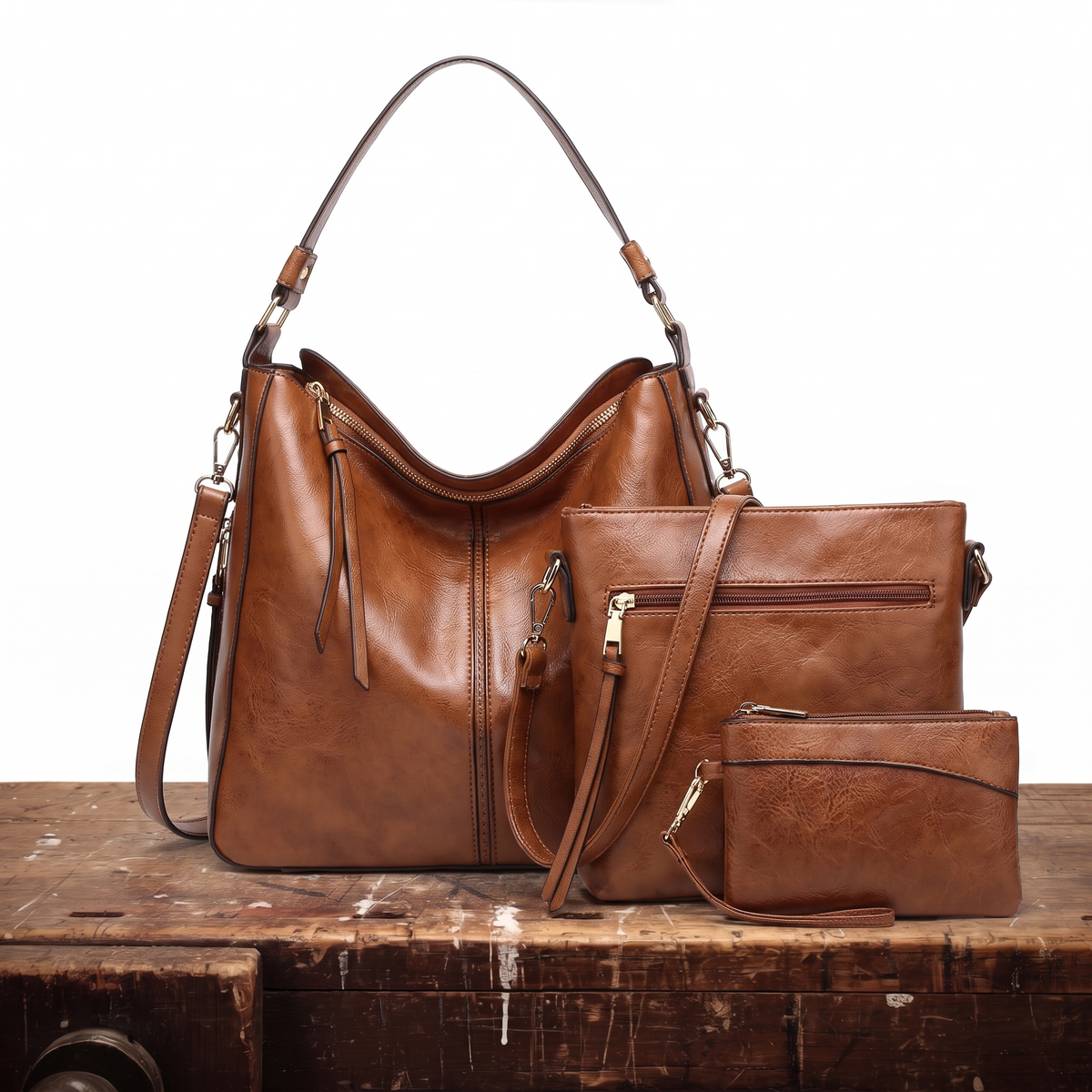 Rosa Three-Piece Leather Hobo Bag Set, photo 1