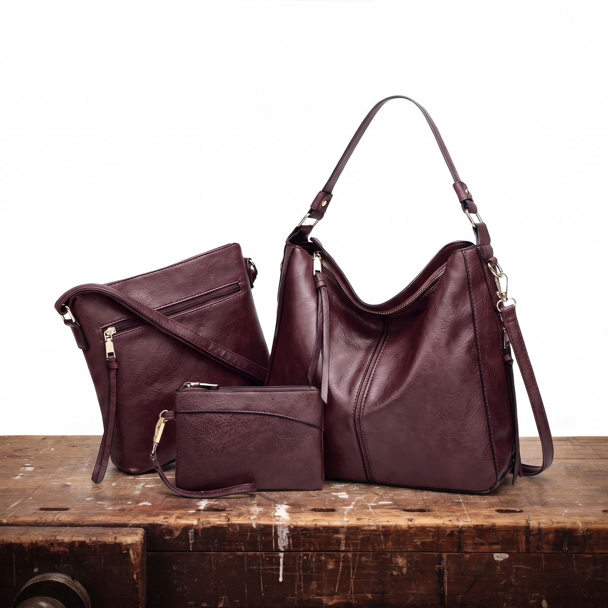 Rosa Three-Piece Leather Hobo Bag Set, photo 5