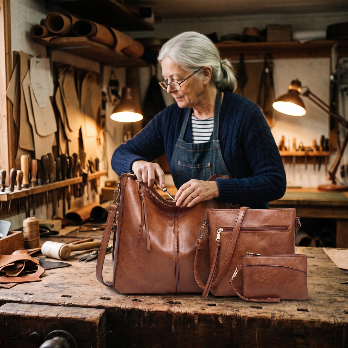 Rosa Three-Piece Leather Hobo Bag Set, photo 8