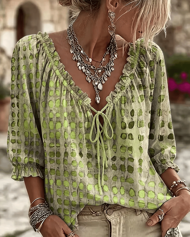 Rowena Women's Polka Dot Blouse with Lace-Up V Neck, photo 10