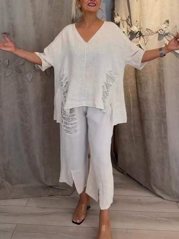Sally Women's Co-ord Set in a Relaxed Fit with a V-neck and an Asymmetric Cut, photo 1
