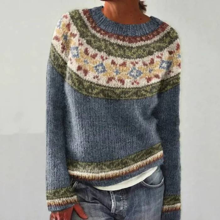 Samantha Women's Sweater with a Nordic Knit Pattern and a Floral Print, photo 1