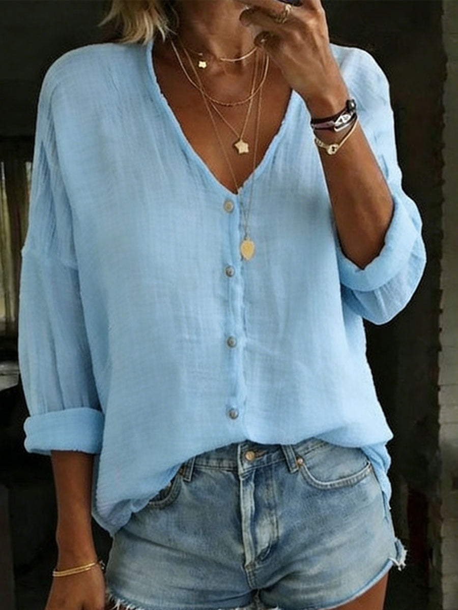 Theodora Women's Cotton Linen Shirt with V Neck, photo 2