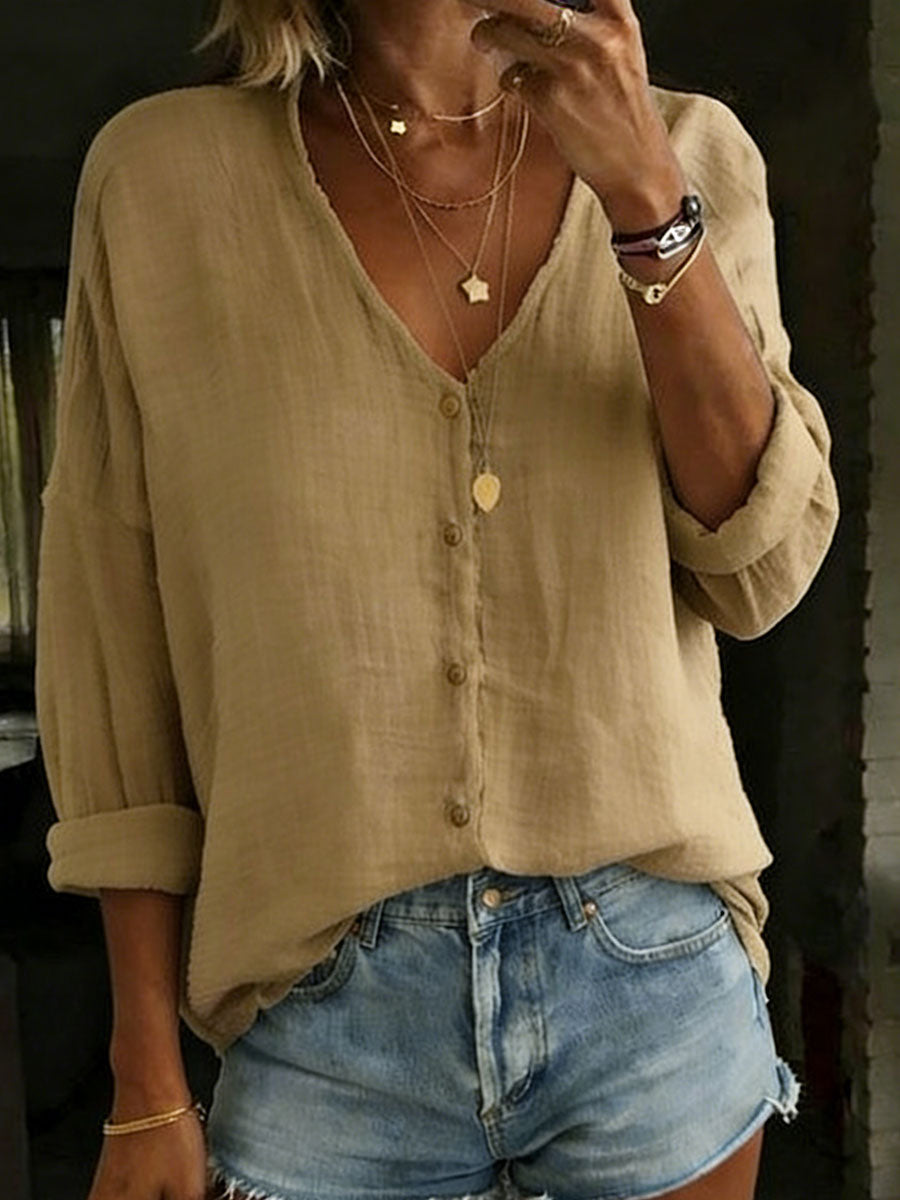 Theodora Women's Cotton Linen Shirt with V Neck, photo 3