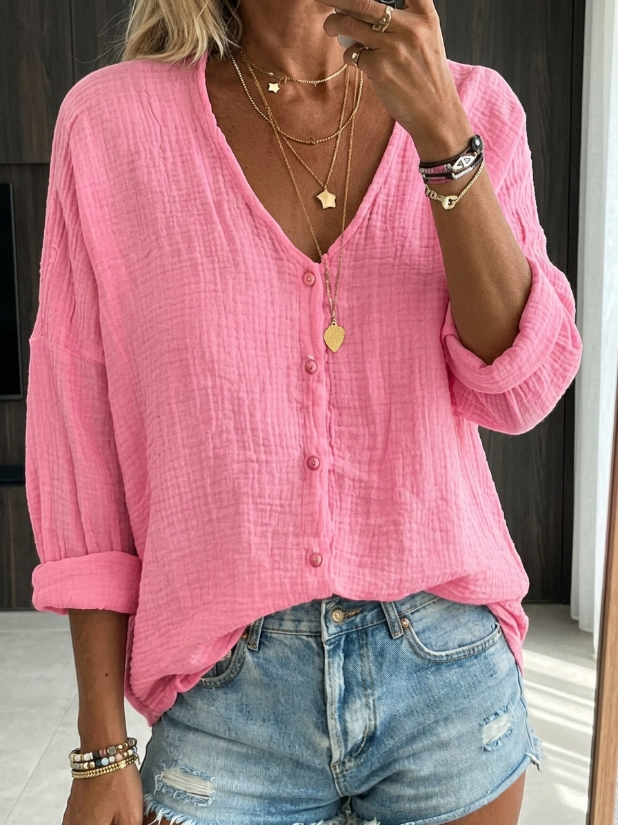 Theodora Women's Cotton Linen Shirt with V Neck, photo 4
