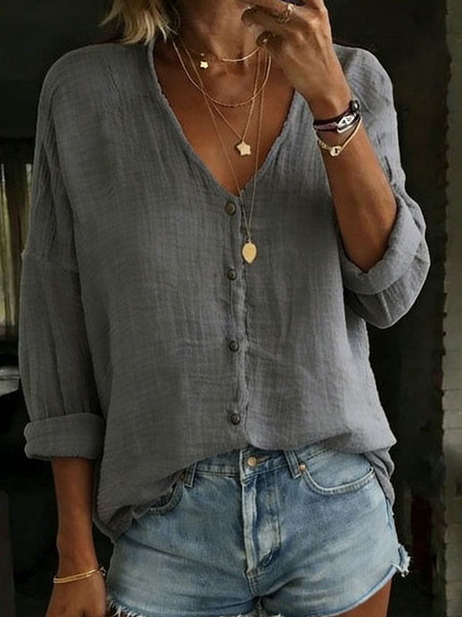 Theodora Women's Cotton Linen Shirt with V Neck, photo 6