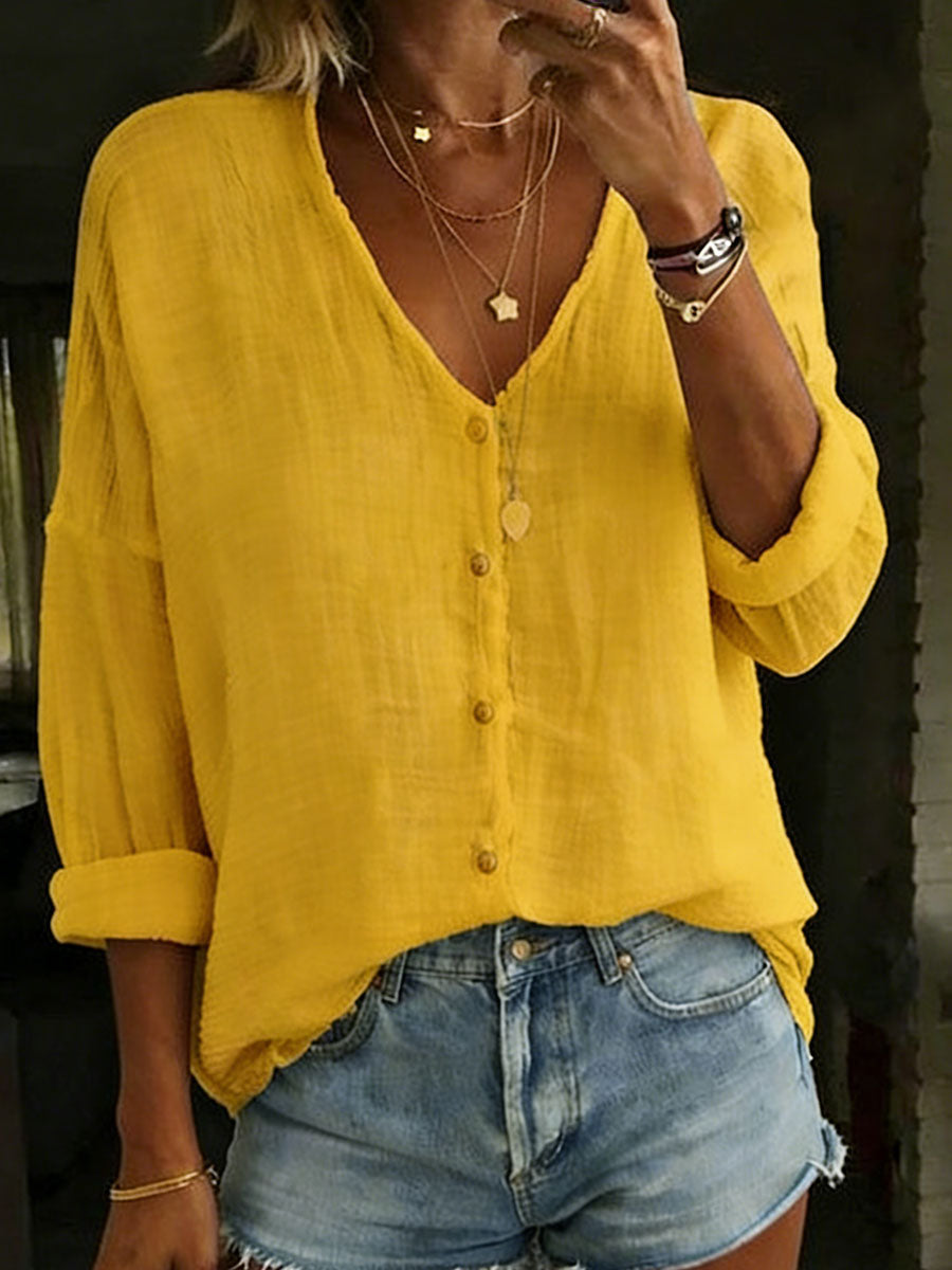 Theodora Women's Cotton Linen Shirt with V Neck, photo 8